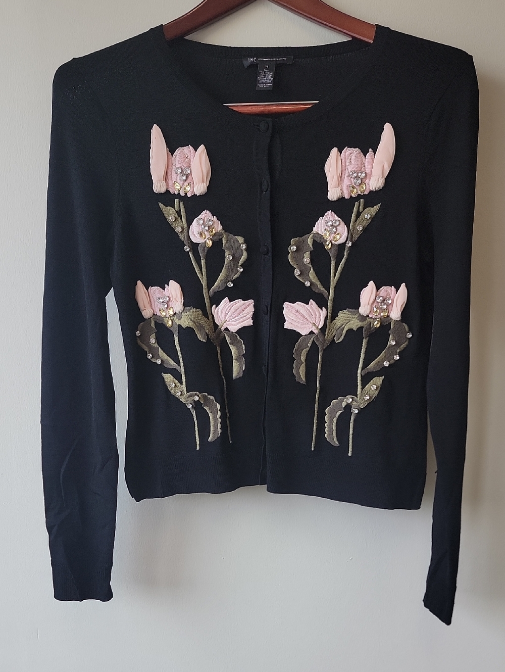INC International Concepts Black Cardigan with Pink Floral Appliqué